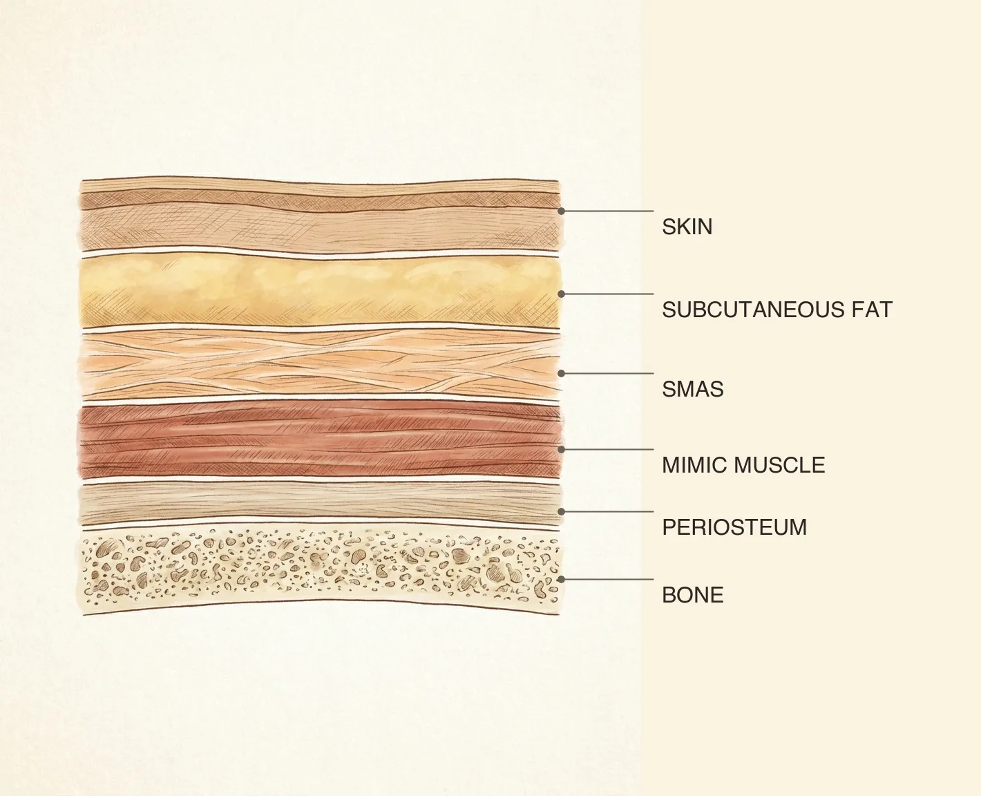 Cross-section diagram of the facial layers: skin, subcutaneous fat, SMAS, mimic muscle, periosteum and bone