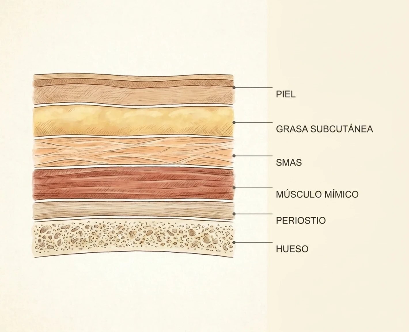 Representación en corte de las capas del rostro con denominaciones en español: piel, grasa subcutánea, SMAS, músculo de la mímica, periostio y hueso
