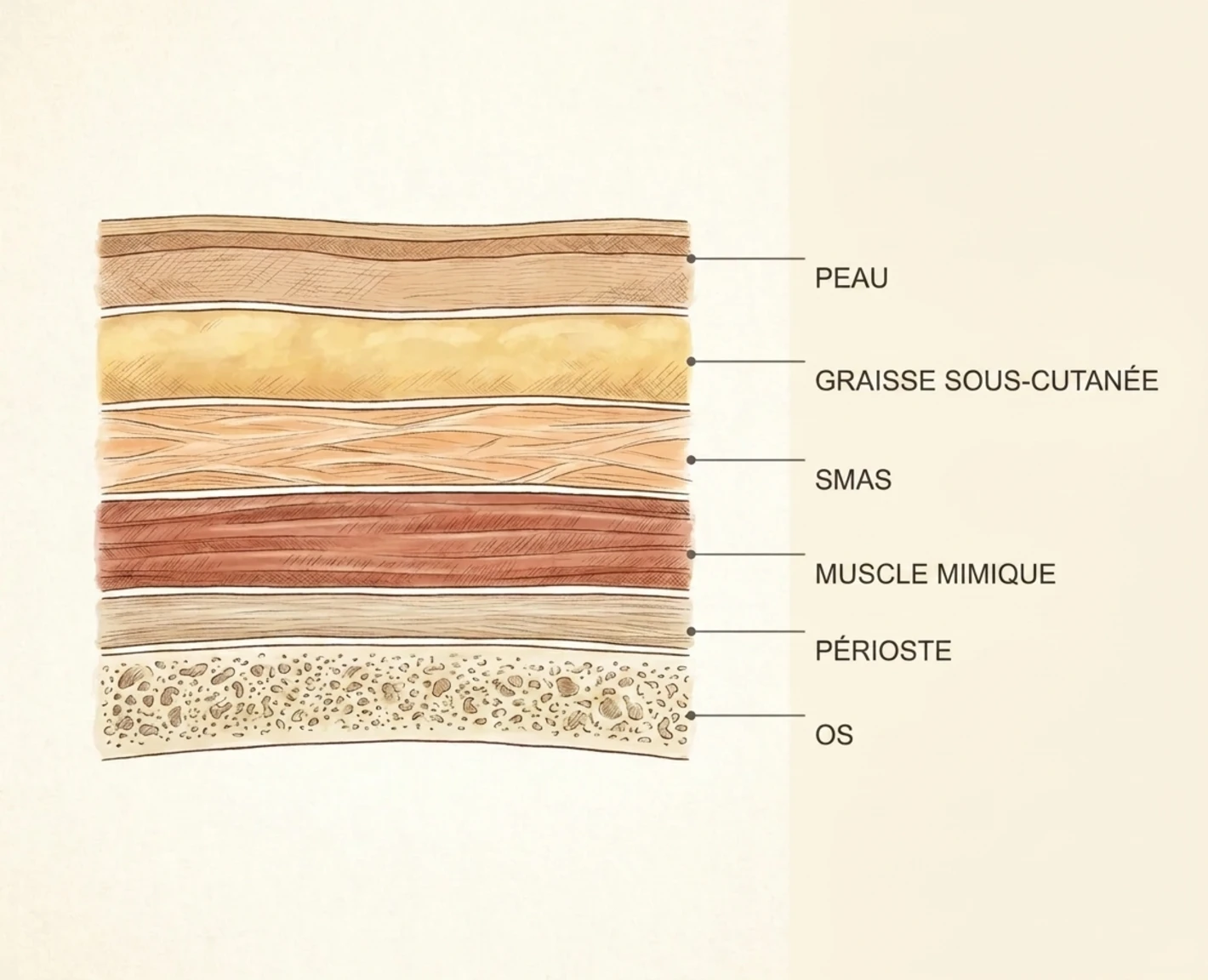 Représentation en coupe des couches du visage avec désignations en français : peau, graisse sous-cutanée, SMAS, muscle mimique, périoste et os