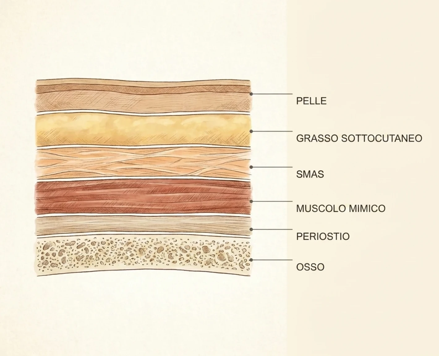 Rappresentazione in sezione degli strati del viso con denominazioni in italiano: pelle, grasso sottocutaneo, SMAS, muscolo mimico, periostio e osso