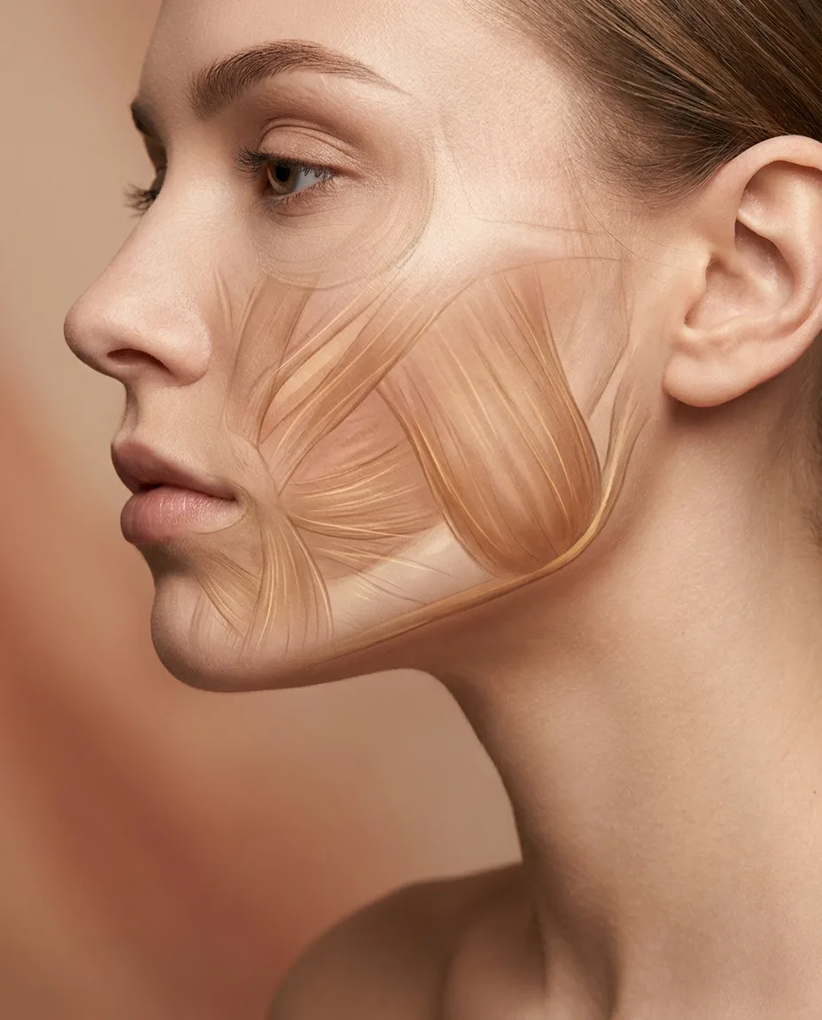 Junge Frau im Profil: die Kieferlinie mit sichtbarer Muskulatur unter der Haut — die Zone, die FACE-Design definiert