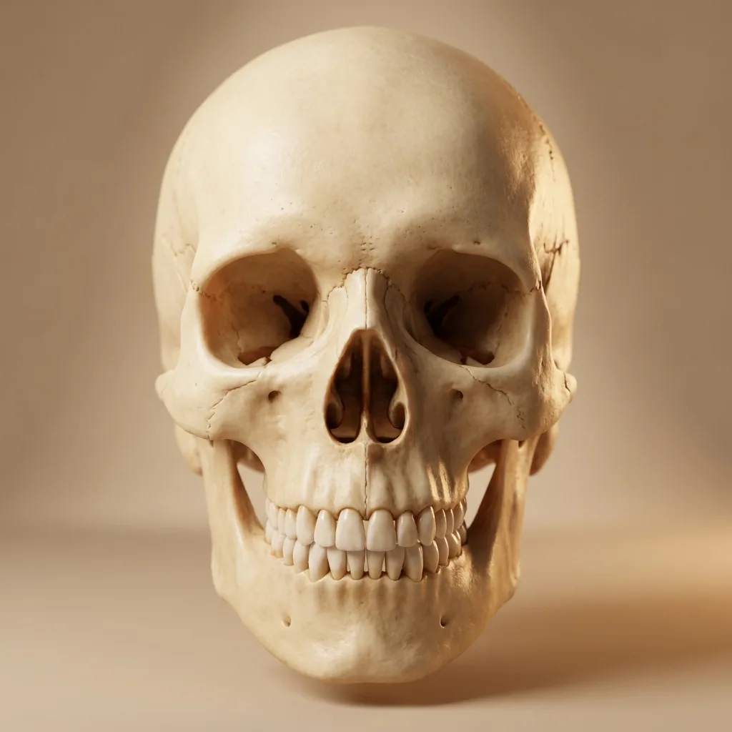 Anatomische Darstellung eines menschlichen Schädels, frontale Ansicht — die knöcherne Architektur des Gesichts